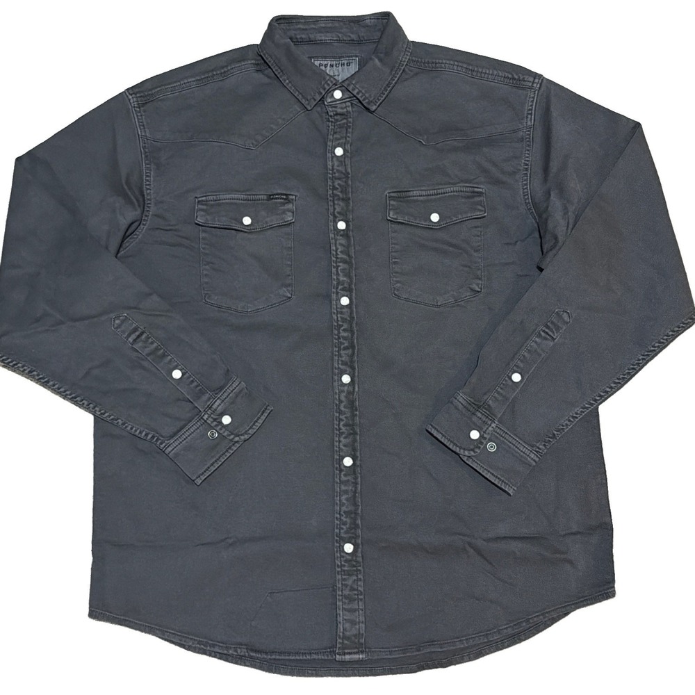 Poncho Outdoors Pearl Snap Large Regular Fit Gray Stretch Long Sleeve Shirt